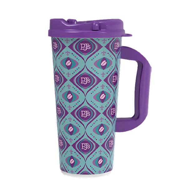 Mug with purple handle and geometric pattern on a white background