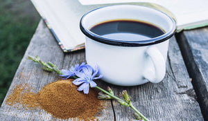White enamel mug of chicory coffee beside ground chicory and blue chicory flowers